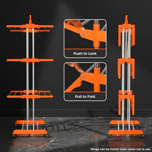 Image of ZOLMIX Premium Foldable Cloth Drying Stand Stainless Steel - 3 Tier Heavy Duty Clothes Dryer for Balcony, Indoor & Outdoor Use, Wheels & Hanger Slots Cloth Stand Anti Rust Laundry Rack - Orange