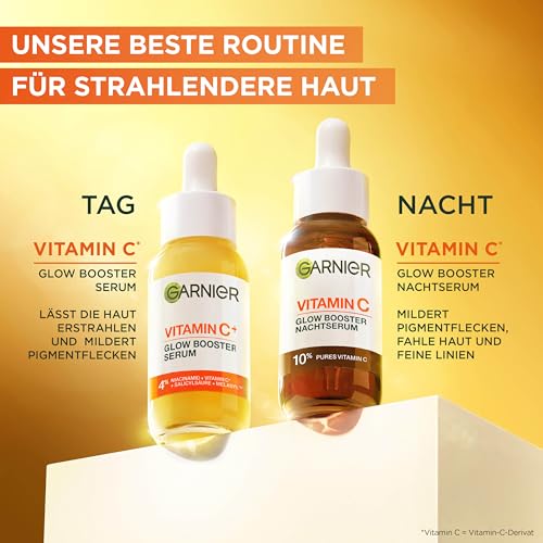 Garnier SkinActive Vitamin C Glow Booster Nachtserum: 10% pures Vitamin C & Hyaluronsäure für strahlende, glatte Haut. Regeneriert im Schlaf, mildert Linien & Pigmentflecken. Vegan & nachhaltig.