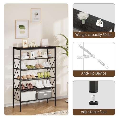 Image of 6 Tiers Shoe Rack, Large Capacity Shoe Rack Holds 32 Pairs of Shoes, Durable and Stable, Adjustable Metal Shelf Stackable Shoe Shelf for Entryway, Hallway, Living Room, Closet