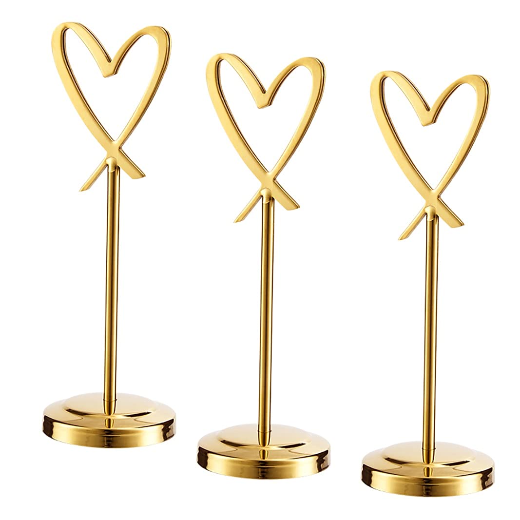 Tischkartenhalter, herzförmige Tischnummernhalter, 7,6 cm, Edelstahl, Foto-Clip-Halter, Ständer, Hochzeiten, Restaurants und Partys, goldfarbener Memohalter, 3 Stück/7,6 cm (15,2 cm)