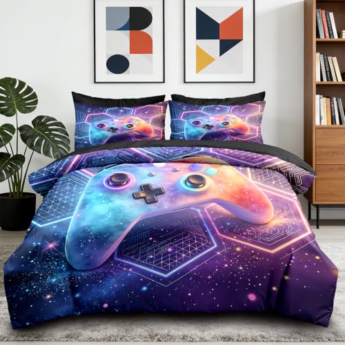 Image of NINENINE Gaming Comforter Sets, Gradient Honeycomb Galaxy Gaming Bedding 5PCS Twin Size Comforter Sets for Boys Gamer (1Comforter, 1Flat Sheet, 1Fitted Sheet, 2Pillowcases)