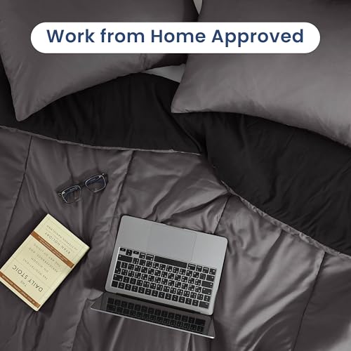 Image of Martex 3-Piece Reversible Comforter Set, Full /Queen, Graphite /Ebony | Versatile Room Decor, Lightweight, Durable Bedding, Machine Washable, Super Soft