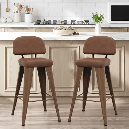 Image of Yongchuang 24 inch Bar Stools with Backs Set of 2 Modern PU Leather Counter Height Stools Upholstered Metal Kitchen Island Bar Chairs Walnut Brown