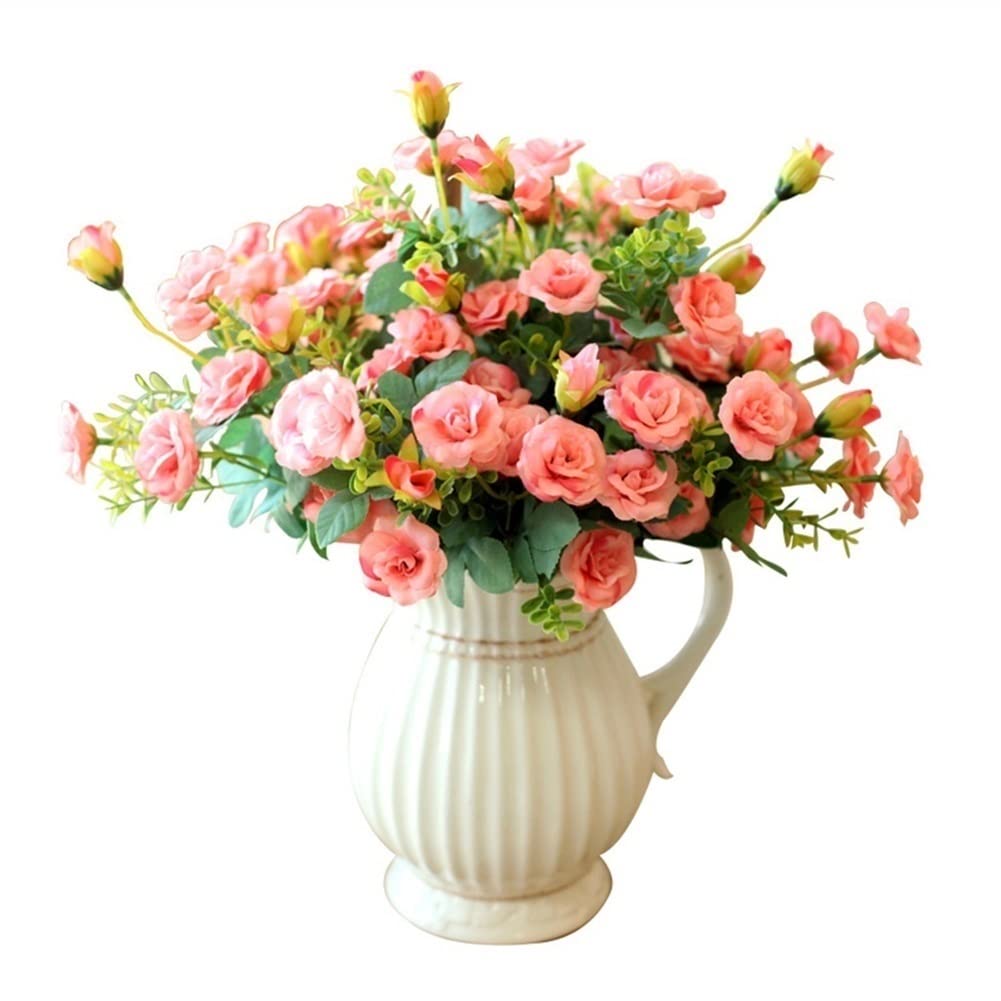 GTHTUHFD Simulation Flower Pink Rose Artificial Flowers Bouquet With White Vase Living Room Decoration Silk Flower Arrangement Art For Festival Party