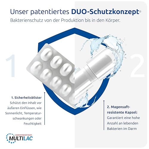 MULTILAC Darmsynbiotikum – 9 Bakterienstämme mit FOS für die Darmflora mit 4,5 Mrd. KBE pro Kapsel, magensaftresistente Kapseln, vegan, gluten- & laktosefrei, ohne Titandioxid, 30 Kapseln