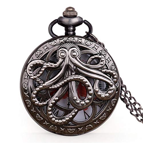 VUHAI - Vintage Octopus Hollow Half Hunter Quartz Pocket Watch Steampunk Black Pocket Watch with Necklace Chain Gift for Kids (1)