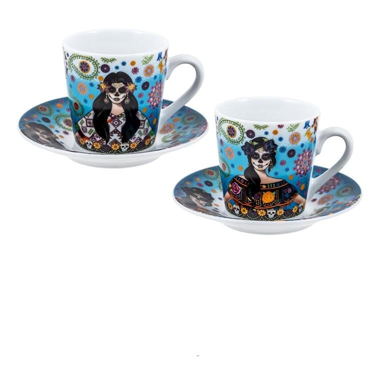 DRW Set 2 Mugs con Plato de Porcelana Catrinas Taza: 6x6x6 cm