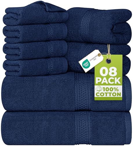 Image of Utopia Towels 8 Piece Luxury Towel Set - Majestic Plush, Super Absorbent & Quicker-to-Dry, Thick 100% Ring Spun Cotton Towels for Bathroom, Spa & Hotel - 2 Bath, 2 Hand, 4 Washcloths, Navy Blue