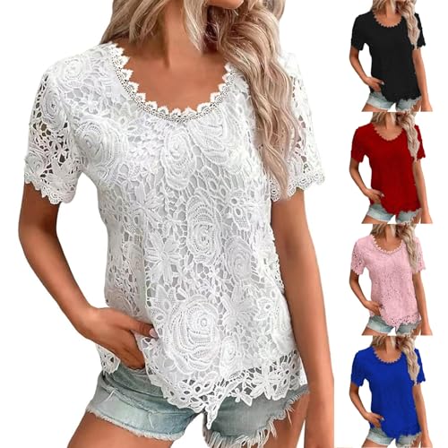 Cocila Top Décolleté T-Shirts D'Été pour Femmes, Col du Cou, Au Crochet, Dentelle, Décontractés, Manches Courtes, Élégants, Le Travail Sexe Homme...