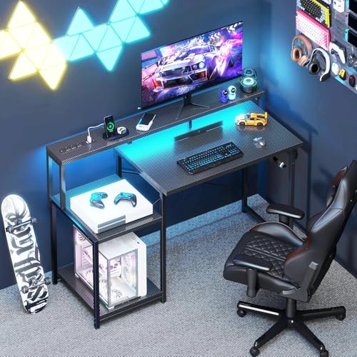 AODK Computer Desk, 48 Inch Gaming Desk with Led Lights & Power Outlet, Office Desk with Storage Shelves, Reversible Desk with Monitor Shelf & Headphone Hook, Carbon Fiber Black - Image 3