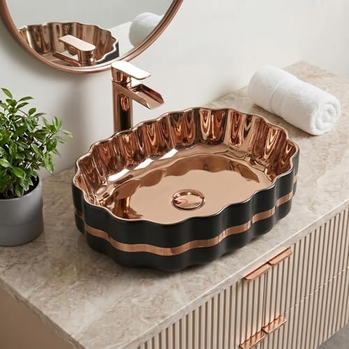 Image of BASSINO 20x15x6 Inches Ceramic Wash Basin Table Top /1 Year Warranty /Unique Countertop Basin for Bathroom /Above Counter Sink for Dining Hall /Living Room /Hotel /Office(Black & Rose Gold Finish)