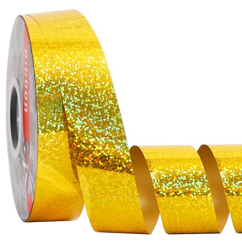 TONIFUL 1inch x 100yards Glitter Waterproof Ribbon Gold Curling Plastic Ribbon for Gifts Wrapping Bows Making Crafting Graduation Tie Making Wall Backdrop Floral Bouquet Decor Party Decoration.