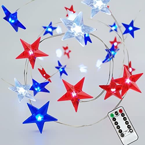 BOHON Independence Day Decor LED String Lights Battery Operated with Remote 10 ft 40 LEDs USA American Stars Flag Lighting String Lights for Bedroom Patriotic Decoration Memorial Day Presidents Day