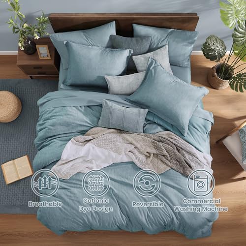 Monbix King Size Comforter Set,7 Pieces Dusty Blue Cationic Dyeing Bed in a Bag King with Comforter, Sheets, Pillowcases & Shams, All Season Reversible Bedding Comforters