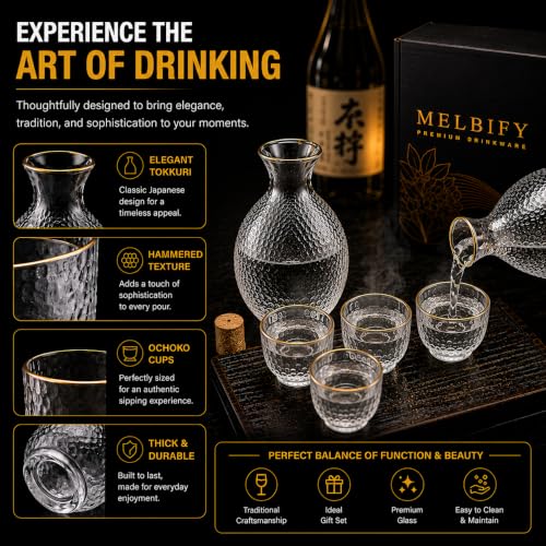 Image of Melbify Japanese Sake Set with Chiller Bowl | 6 Pcs Set | Bowl(600ml),Carafe(300ml) & 4 Cups(60 ml) | House Warming Gift New Home Ceremony | Sake's Glass | Serving Glass Gift
