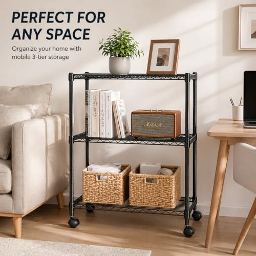 Image of Simple Deluxe 3-Tier Heavy Duty Adjustable Storage Shelf with Wheels, 23.23 inchW x 13.39 inchD x 30.31 inchH, Mobile or Stationary Metal Shelving Unit, Easy Assembly for Kitchen, Pantry, Laundry Room, Black