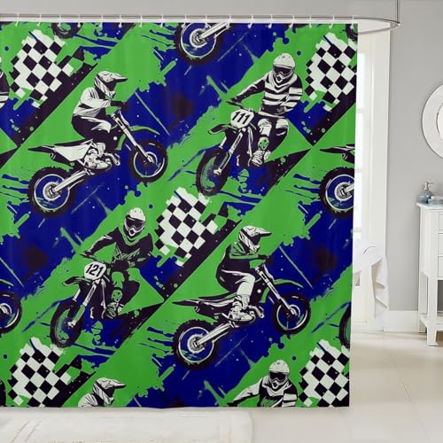 jejeloiu Dirt Bike Bath Curtain 72"x84" Motorbike Shower Curtain for Bathroom Decor for Boys Girls Teens Green Blue Bathroom Accessories Waterproof Polyester