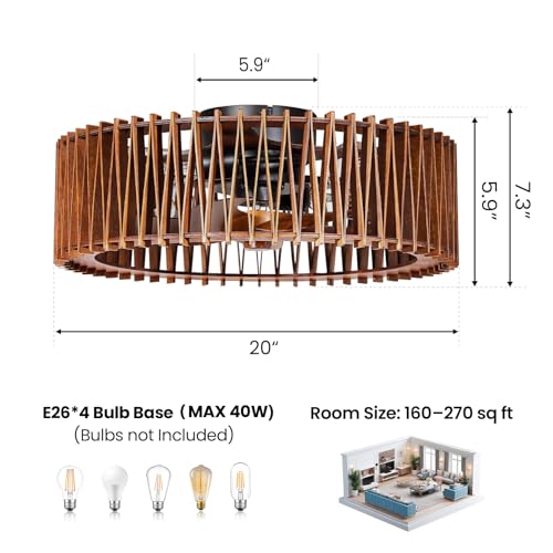 Image of 20 inch Flush Mount Caged Ceiling Fan with Light, Farmhouse Low Profile Ceiling Fan with Remote, Wooden Fandelier 6 Speed Quiet DC Motor, Reversible Chandelier Ceiling Fan for Bedroom Kitchen Living Room