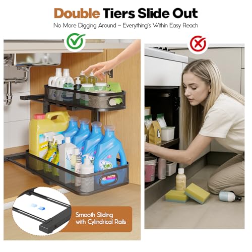 Image of 2 Pack 17.3IN-Depth Under Sink Organizer with Smooth Cylindrical Rail,2-Tier Pull Out Multi-Purpose Cabinet Storage for Bathroom&Kitchen,Height Adjustable,Rust-Resistant Coating-Black