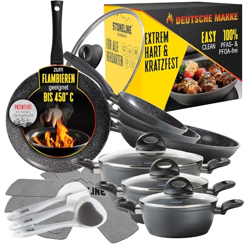 STONELINE Ceramic Keramikpfanne Töpfe Set 16 teilig 18/20/24/28 cm Töpfe Pfannen PFAS-frei Topfset Pfannenset Induktion Kochgeschirr Set mit Deckel Keramikbeschichtung mit echten Steinpartikeln, Grau STONELINE Ceramic Keramikpfanne Töpfe Set 16 teilig 18/20/24/28 cm Töpfe Pfannen PFAS-frei Topfset Pfannenset Induktion Kochgeschirr Set mit Deckel Keramikbeschichtung mit echten Steinpartikeln, Grau