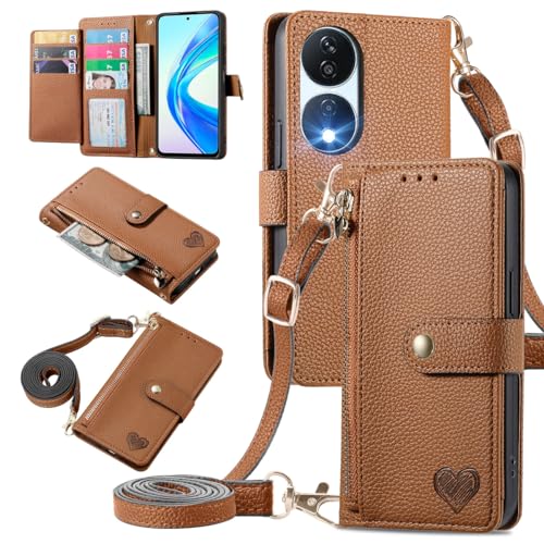 Coque portefeuille Honor 90 Smart en cuir marron élégant offrant une protection anti-chute