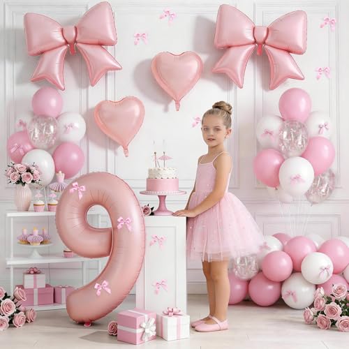 Image of 9th Birthday Decorations for Girl,Pink 9 Balloons for Party Decorations | 9 Year Old Birthday Decoration,Anniversary Party Decor,Pink White Balloons,Bow Print Balloons,Heart Balloons