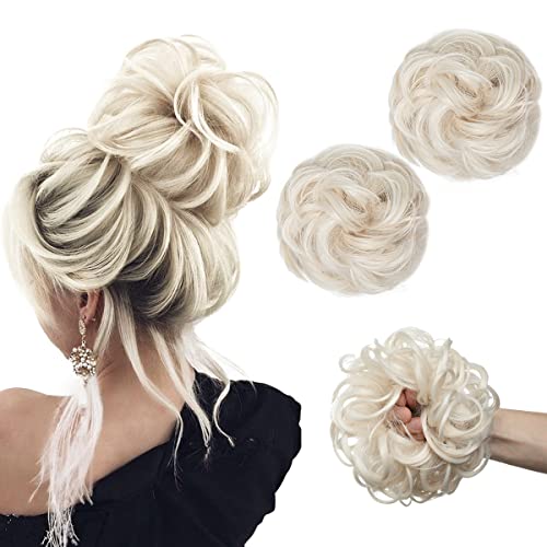 SARLA 2PCS Messy Bun Hair Pieces for Womens Synthetic Scrunchies Buns Extension Hairpieces Updo Pony Tail Platinum Blonde
