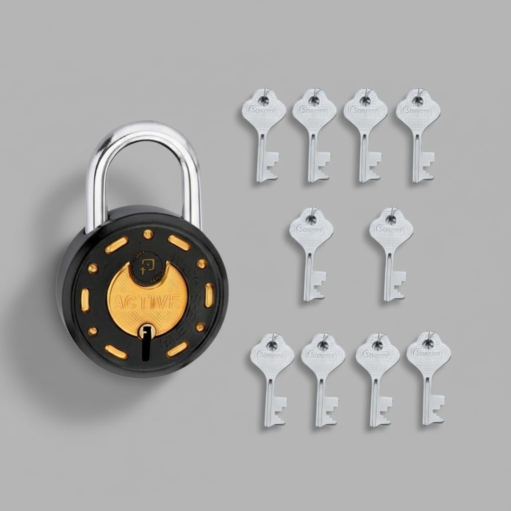 Active Small Round Lock 50mm 10 Keys | 7 Levers Double Locking Hardended Shackle | Weather Resistant & Anti-Theft Security Lock and Keys for Home Door Shop Shutter Tala Chabi | Black Gold Finish-picture-20