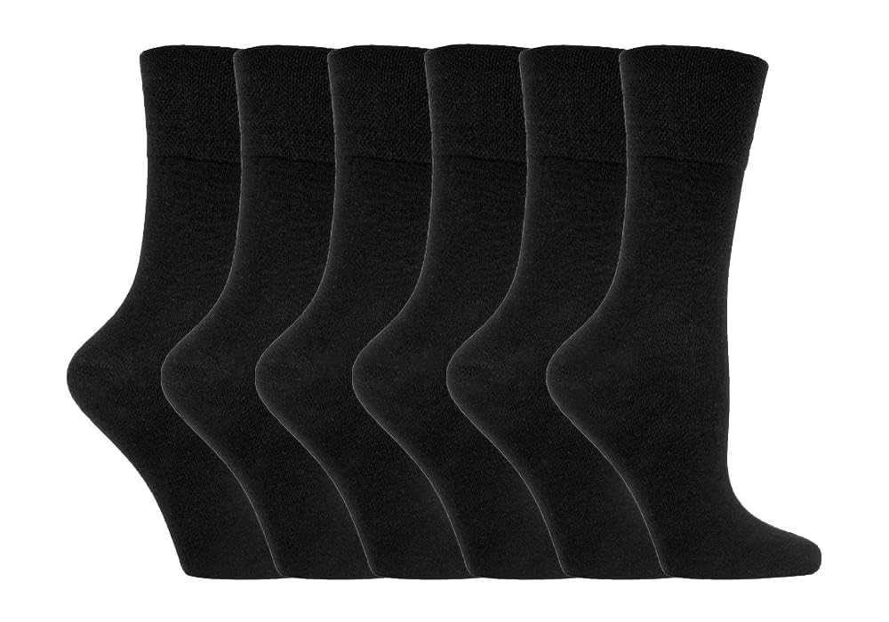 Iomi Women's Black Footnurse - 6 Pair Multipack Non Elastic Diabetic Socks With Gentle Grip Wide Top 4-8 (4-8, )