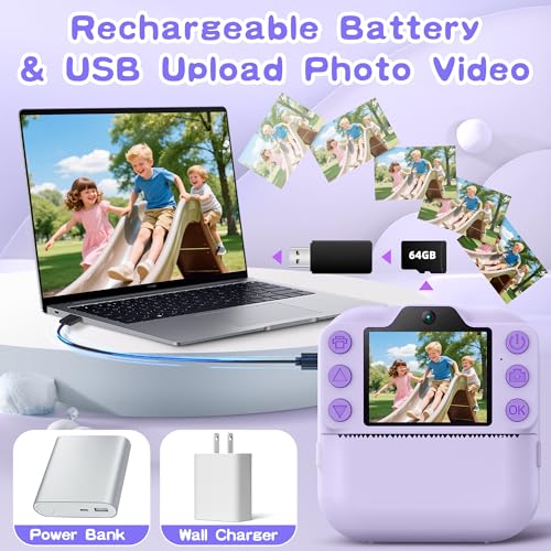 Image of Kids Instant Camera with 64GB SD Card, Portable Digital Camera Toy for Girls and Boys Ages 3-12, Toddler Christmas and Birthday Gift for 3 4 5 6 7 8 9 10 Year Old Kids (Purple)