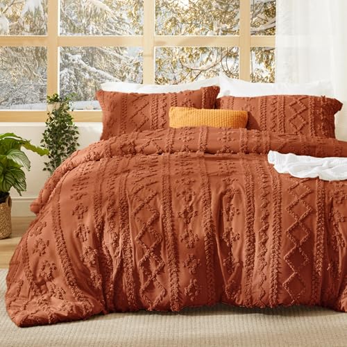 Image of Bedsure Tufted Boho Comforter Set Queen Size - Terracotta Boho Bed Set, GentleSoft 3 Pieces Farmhouse-Style Embroidery Bedding, Gifts for Woman, Soft Jacquard Kids' Queen Comforter for All Seasons
