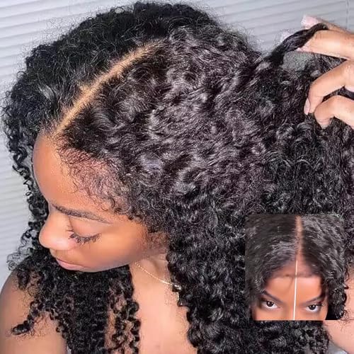 FACMOOD 4C Edges Glueless Wigs Kinky Curly Human Hair Pre Plucked Pre Cut 6x4 HD Lace Front Wear and Go Glueless Wig with Kinky Edges 180% Density 16 inch