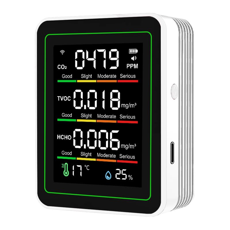 MeeGoo 5-in-1 WiFi Air Quality Monitor CO2 Formaldehyde TVOC Temperature Humidity Detector 2000mAh Battery Tuya APP Control with Alarm for Home Office