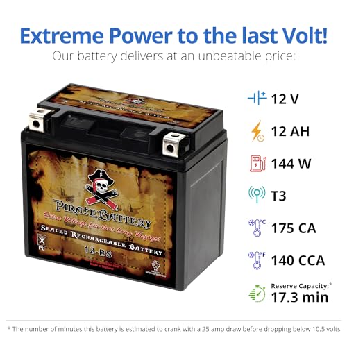Image of Pirate Battery YTX12-BS Maintenance Free Replacement Battery for ATV, Motorcycle, Scooter, and UTV: 12 Volts, 1.2 Amps, 10Ah, Nut and Bolt (T3) Terminal