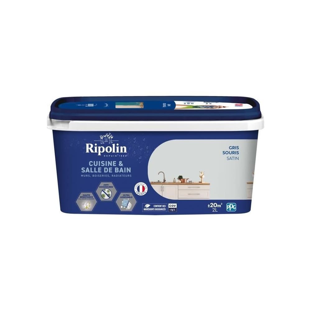 RIPOLIN – Pintura interior para cocina y baño – Muros, carpintería y radiadores – Apto para piezas húmedas, efecto perlante, lavable, alta resistencia, gris ratón – satén – 2 l