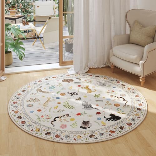 Round Rug 4ft Washable Circle Rug Non Slip Low Pile Boho Floral Animal Cat Small Circular Rug for Bedroom Bathroom Entryway Kids Room Office College Dorm, Beige