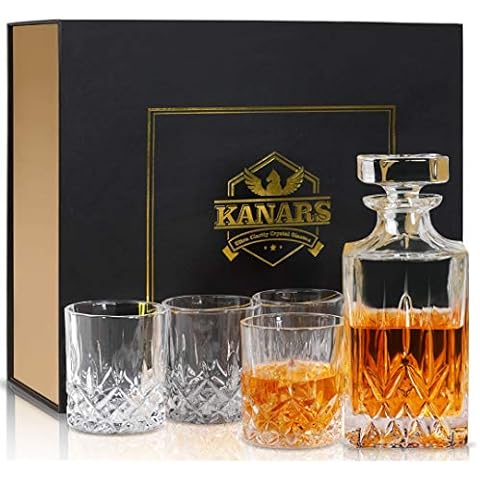 KANARS Whiskey Decanter And Glasses Set in Unique Gift Box - Original Crystal Liquor Decanter Set For Bourbon, Scotch, Vodka, Rum or Whisky, 5-Piece, Gifts for Men Dad Cover