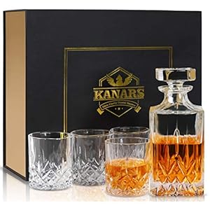 KANARS Whiskey Decanter And Glasses Set in Unique Gift Box – Original Crystal Liquor Decanter Set For Bourbon, Scotch, Vodka, Rum or Whisky, 5-Piece, Gifts for Men Dad