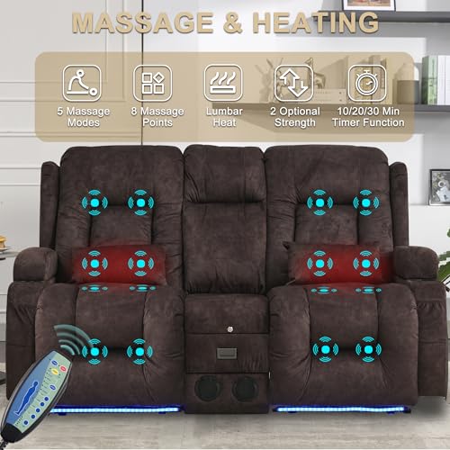 Image of URRED Power Loveseat Recliner Sofa with Massage and Heat, Wall Hugger Reclining Loveseat with Console, RV Couch Home Theater Seating with LED Lights for Living Room (Brown, 67 inch - 2 Seats)