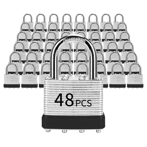 LQYN Candado laminado con llave (1-9/16 pulgadas, 40 mm), cerraduras iguales con llave, aro negro, grillete normal, paquete de 48, cerradura para taquilla de gimnasio, equipaje, maleta, equipaje, caja