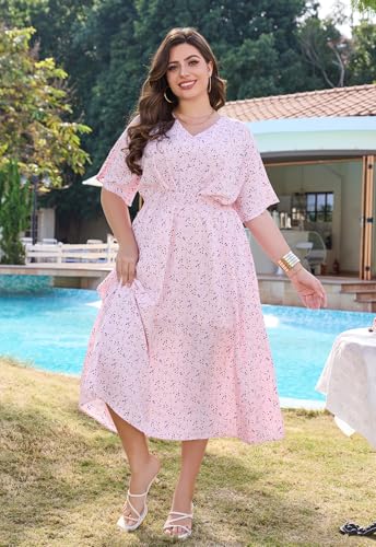 Image of Keluummi Plus Size Summer Wedding Guest Maxi Dresses for Curvy Women, Casual Floral 3 /4 Sleeve Emipre Waist V Neck Long Dress