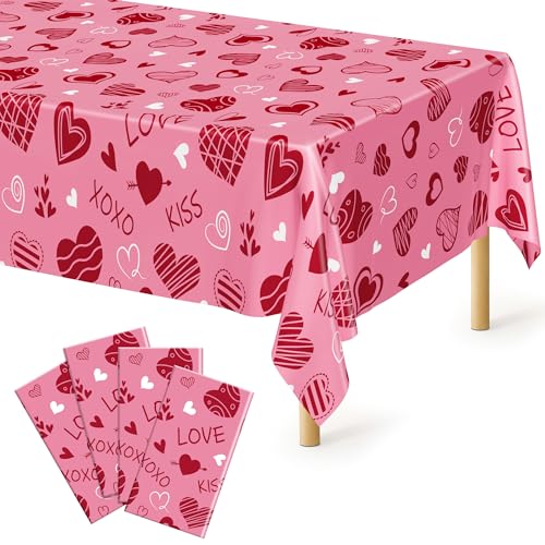 Image of 4 Pack Valentines Plastic Tablecloths, Disposable Valentines Party Favors, Romantic 54 inch X 108 inch Red Pink Table Cloth, Galentines Decorations Heart-shaped Love Tablecover for Wedding Happiness Decor