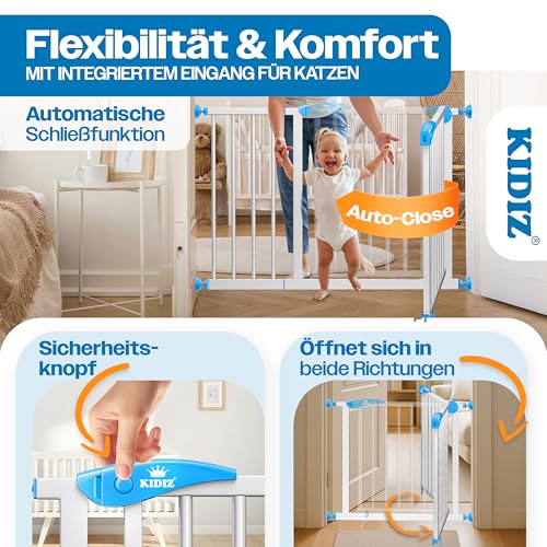 KIDIZ Treppenschutzgitter ohne Bohren | Verstellbare Breite: 88-94 cm, 75 cm hoch, Türschutzgitter und Absperrgitter für Kinder und Hunde, Beidseitige Einhand Öffnung, 90° Open-Stop System, Weiß/Blau