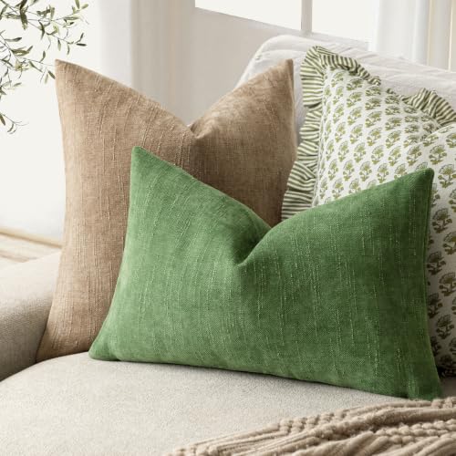 Image of Foindtower Pack of 2 Textured Chenille Throw Decorative Pillow Covers Square Accent Solid Cushion Cover Neutral Farmhouse Lumbar Pillow Case for Couch Sofa Bedroom Living Room 12x20 Inch,Forest Green