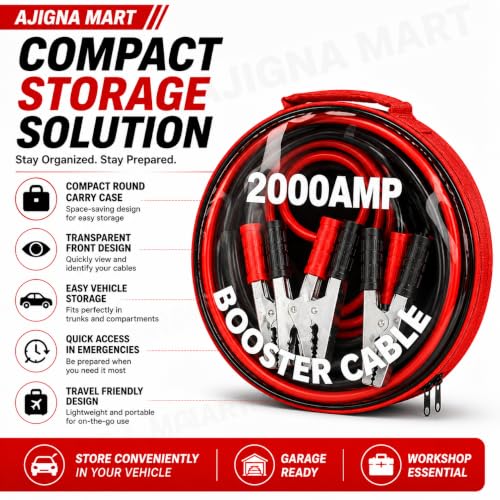 Image of AJIGNA MART 2000 AMP Booster Cable for Car Battery | Premium Heavy Duty Jumper Cable with Alligator Wire Clamps | Jump Start for Dead Batteries | Off-Road Emergency Auto Cable