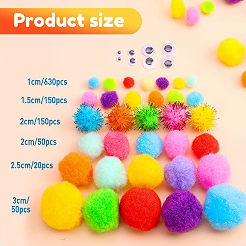 Caydo [1200Pcs]1050Pcs Multicolor Pom Poms, Assorted Sizes & Colors Craft Pompom Balls With 150Pcs Wiggly Eyes For Kids Arts And Craft Projects And Decorations #TOP2