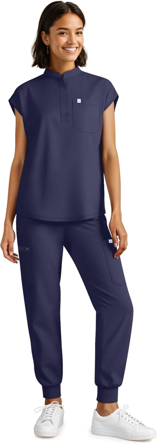 Scrubs for Women Set - Stretch Medical Uniform Scrubs - Slim Fit Top & Cargo Pant Scrubs Set with 11 Pockets Workwear