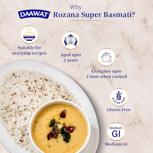 Image of Daawat Rozana Super Basmati Rice 1Kg| For Everyday Consumption| Cooked Grain Upto 13mm*| Naturally Aged (Pack of 3)