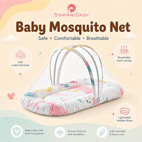 Image of StarAndDaisy Baby Mosquito Net with 360 Widened Skirt /Foldable,Spacious & Light-Proof /Rust-Free 5-Point Frame /Mesh for Full Protection. (Mosquito net -Ocean Print)