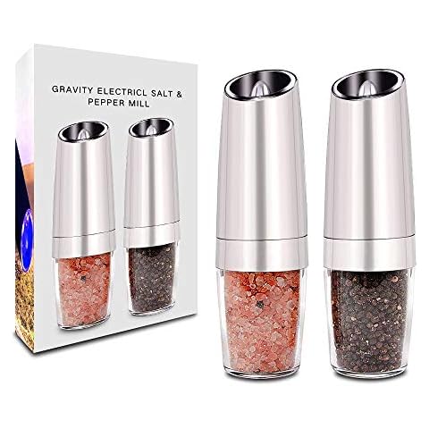 Gravity Electric Salt and Pepper Grinder, Automatic Battery Powered Stainless Steel Salt and Pepper Grinder Mill Set with Blue LED Light, 2 Pack Silver Cover